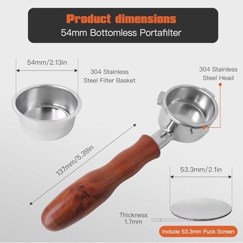 JURENGUDF 54mm Bottomless Portafilter, Include 18-20g Capacity Filter Basket, Compatible with Breville Barista Express Pro Touch Infuser Espresso Accessories, Stainless Steel Basket, Solid Wood Handle - Image 3