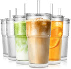 SoulTimes 20oz Wave Ribbed Glass Tumbler with Lid and Straw – Iced Coffee Glasses Cups for Smoothie, Matcha, Juice, Water etc. Leakproof and Reusable Glassware Drinking for Daily & Travel To Go [6Pcs] by SoulTimes