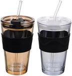 KICHOUSE 2pcs Glass Water Bottles with Lid and Straw, 450ml Reusable Cold Brew and Coffee Drinking Cups with Silicone Sleeve, Beverage Tumblers for Home and Travel by kichouse