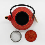 Urban Tokyo 40 fl oz Cast Iron Teapot Japanese Tetsubin Style Red With Gold Chrysanthemum Pattern Enamel Interior Stainless Steel Infuser Stovetop Safe 1200ml - Image 4