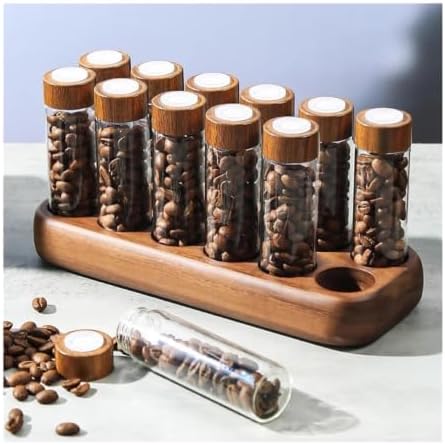 Glass Coffee Bean Storage Container 12 Single Dose Tubes Wood Stand - Image 3