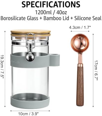 uxcell Airtight Glass Canister with Bamboo Lid & Spoon, Glass Coffee Bean Storage Container 1200ml/40oz Kitchen Pantry Sealed Freshness for Grounds Tea Cereal Sugar, Gray - Image 6
