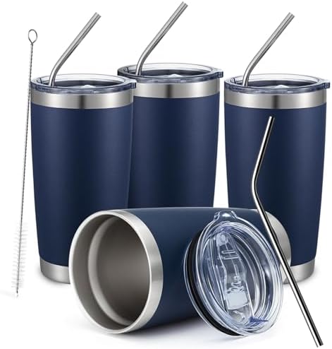 COMOOO 20oz Stainless Steel Navy Tumbler Bulk with Lid and Straw Insulated Coffee Tumbler Cup Double Wall Vacuum Travel Mug for Cold Drinks and Hot Beverage (Navy, 4 Pack) by COMOOO