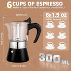 6 Cup 300ml Glass Moka Pot, Stovetop Espresso Maker, Black - Image 5