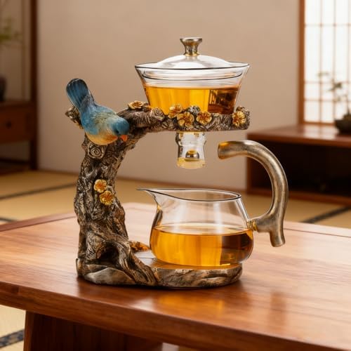 Lazy Kungfu Glass Tea Set Heat Resistant Semi Automatic Drip Rotating with Infuser Magnetic Teapot Set for Gongfu Tea Making Ideal (Blue Bird) - Image 2