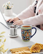 vancasso Ceramic Tea Mug with Infuser and Lid, 18 Ounce Bohemian Loose Leaf Cup, Microwave & Dishwasher Safe, Perfect for Tea, Coffee, Sage-Scarlet Floral - Image 6
