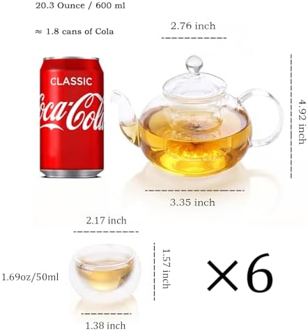 Glass Teapot 600ml/20.3oz with 6pcs Double Wall Teacups Removable Infuser Stovetop Safe Glass Tea Kettle Loose Leaf and Blooming Tea Maker Set - Image 4
