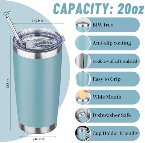 20 oz Tumbler with Lids and Straws, Stainless Steel Insulated Travel Coffee Mug, Double Wall Vacuum Insulated Tumblers, Powder Coated Coffee Tumbler for Cold & Hot Drinks (Azure Blue,4pack) - Image 2