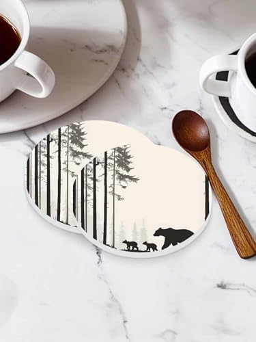 Coasters for Drinks Set of 8 Abstract Forest Walking Bear Silhouette Natural Scenery Ceramic Cup Mat, Absorbent Ceramic Stone Coasters with Cork Base for Coffee Cups Wooden Table Home Decor 4 Inch - Image 3