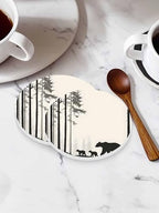 Coasters for Drinks Set of 6 with Holder Abstract Forest Walking Bear Silhouette Natural Scenery Ceramic Cup Mat, Absorbent Ceramic Stone Coasters with Cork Base for Coffee Cups Home Decor 4 Inch - Image 3
