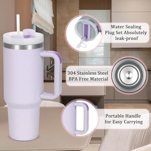 4 Pack 40 Oz Tumbler with Handle Bulk, Double Wall Vacuum Insulated Stainless Steel Tumbler with Lid and Straw, 40 oz cup with Silicone Spill Proof Stopper Set (Cream,Purple,Dark Green,Rose Quartz) - Image 5