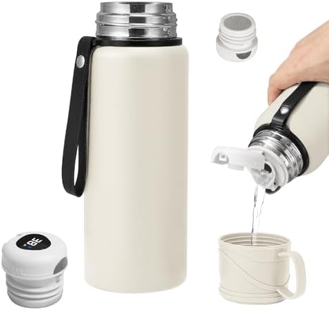 Double wall vacuum Leakproof stainless steel wide mouth insulated water bottle tea tumbler with cup,lid;smart thermoses hot coffee,thermal flask ice drinks with led digital temperature display by Unknown