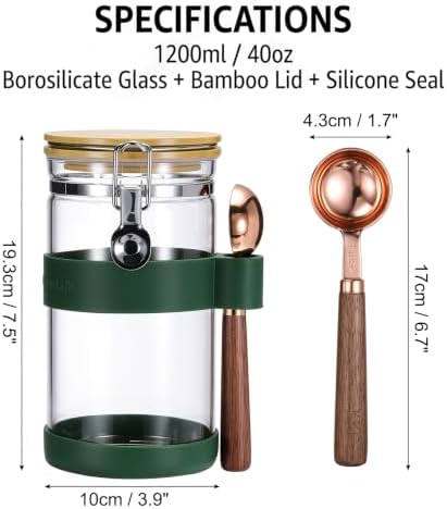 uxcell Airtight Glass Canister with Bamboo Lid & Spoon, Glass Coffee Bean Storage Container 1200ml/40oz Kitchen Pantry Sealed Freshness for Grounds Tea Cereal Sugar, Green - Image 6