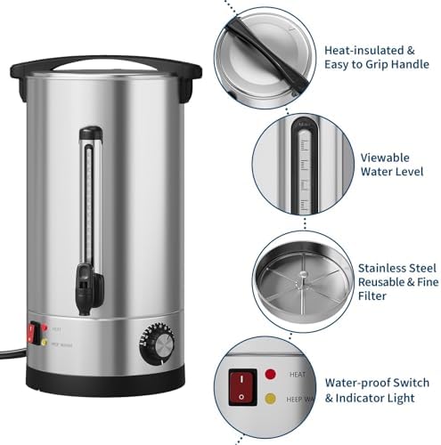 70-Cup Commercial Coffee Urn – 10l Large Stainless Steel Electric Coffee Maker with Double-Wall Insulation and Filter Basket – Suitable for Buffets, Catering, Parties, Weddings, and Business Events - Image 5