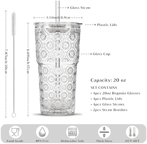 INSETLAN 20 oz Iced Coffee Cups with Lids and Straw, Set of 4 Glass Tumbler - Image 3