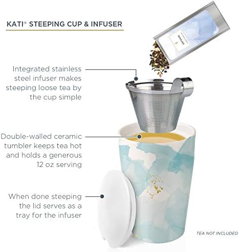 Tea Forte Double-Walled Ceramic Kati Cup, Removable Stainless Steel Infuser Basket and Lid, Steeps 12 oz Loose Leaf Tea, Dishwasher & Microwave Safe, Wellbeing Tea - Image 3