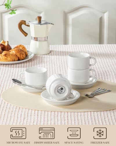 MALACASA Porcelain Espresso Cups Set of 4, with Saucers and Metal Stand, 4 Ounce Stackable Cappuccino Cups, Expresso Shots Cup Ceramic Demitasse Mugs, White with Spoon - Image 3