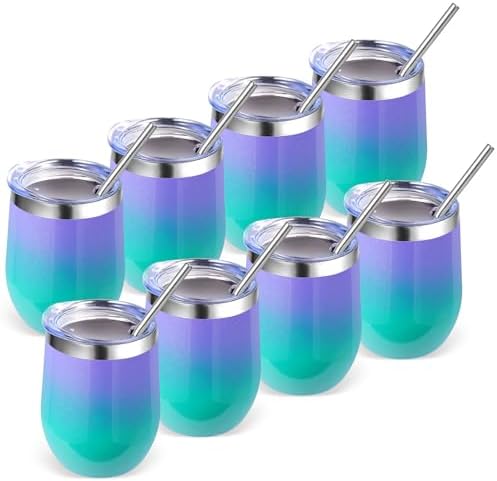 Volhoply 12oz Stainless Steel Wine Tumbler with Lid Bulk 8 Pack,Double Wall Vacuum Stemless Wine Glasses,Reusable Metal Travel Coffe Mug with Straw,Insulated Cup Gifts for Women（Purple Green,8 Set） by LiveFully%EF%BC%8CDrinkFreely%E2%80%94KeepGoingwithVolhoply%EF%BC%81