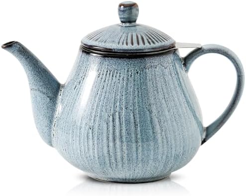 HVH 40 oz Porcelain Teapot with Stainless Steel Infuser, Ceramic Tea pot with Infuser for Loose Tea, Enough For 6 Cups, Striped Series (Wabi sabi) by HVH