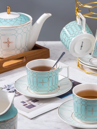 Serve of 4-Blue Teacup Set, with Teapot-Sugar Bowl-Creamer and Holder - Image 3