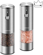 Electric Salt and Pepper Grinder Set, USB Rechargeable Automatic Pepper Mill, Large Capacity with Dual LED Light, One-Handed Operation, Slide Cover, Brushed Stainless Steel by GORMODEOfficial