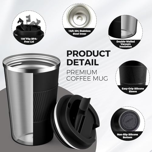 Volhoply 13 oz Stainless Steel Insulated Travel Coffee Mug with Fip Lid Bulk 4 Pack,Reusable Double Wall Vacuum Metal Coffee Cup,Portable Leak Proof Thermal Tumbler for Hot & Cold Drinks(Assorted,4) - Image 3