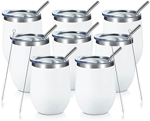 COMOOO 12oz Wine Tumbler with Lid and Straw, Stainless Steel Stemless Wine Glass, Double Wall Vacuum Insulated Wine Tumbler Cup, Cocktails,Beer,Champaign, White, 8 Pack by COMOOO