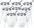COMOOO 12oz Wine Tumbler with Lid and Straw, Stainless Steel Stemless Wine Glass, Double Wall Vacuum Insulated Wine Tumbler Cup, Cocktails,Beer,Champaign, White, 8 Pack by COMOOO