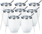 COMOOO 12oz Wine Tumbler with Lid and Straw, Stainless Steel Stemless Wine Glass, Double Wall Vacuum Insulated Wine Tumbler Cup, Cocktails,Beer,Champaign, White, 8 Pack by COMOOO