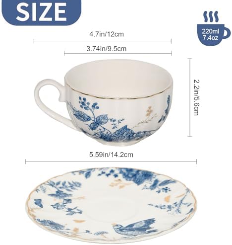 Tea Cups and Saucers Coffee Cappuccino Espresso Latte Cup Mugs Special Gold Line Ceramic Cup Porcelain Tea Cups Set of 2 (7 oz) for Gifts,Party,Gatherings, Afternoon Teas,Receptions - Image 4
