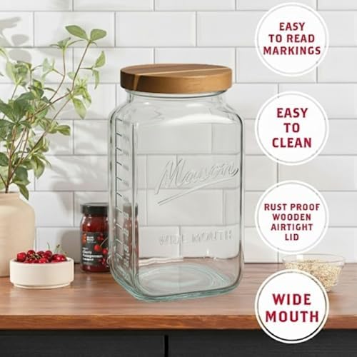 kitchentoolz 2 Gallon Glass Mason Jar with Airtight Wooden Lid – Wide Mouth Square Storage Container with Measurement Marks – Ideal for Pantry Organization, Dry Goods & Food Prep - Image 2