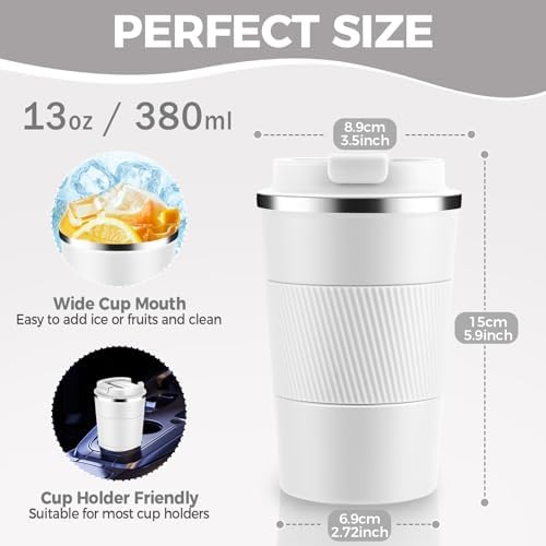 Volhoply 13 oz Stainless Steel Insulated Travel Coffee Mug with Fip Lid Bulk 8 Pack,Reusable Double Wall Vacuum Metal Coffee Cup,Portable Leak Proof Thermal Tumbler for Hot & Cold Drinks(White,8) - Image 2