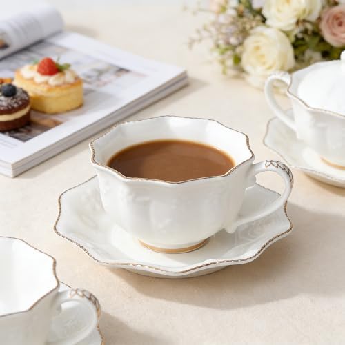 Tea Cups and Saucers Set of 2, 7oz Stackable Porcelain Coffee Cup, YFH14 - Image 5