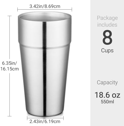 Beasea Stainless Steel Cups 19 oz, 8 Pack Large 18.6oz 550ml Stackable Stainless Steel Tumbler Double Wall Insulated Individual Metal Pint Glasses Tin Drinking Cups for Home Party Camping - Image 2