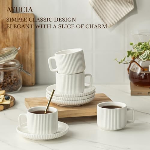 5 Ounce Espresso Cups Set of 4, Small Coffee Cups with Saucers and Spoons, White Cream Ceramic Demitasse Espresso Mugs - Image 2