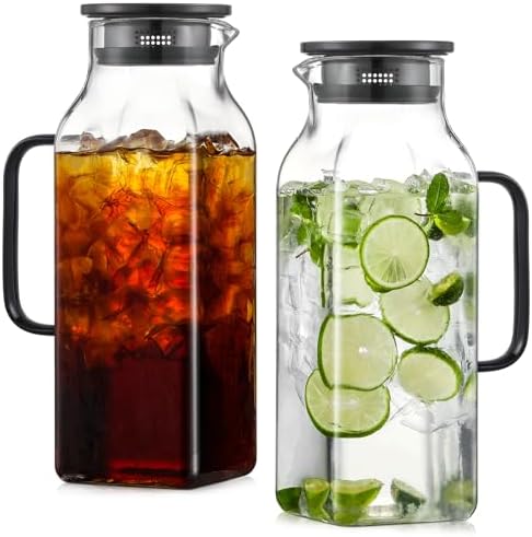 2 Pack 2 Liters/68 oz Square Glass Pitcher with Lid and Handle for Fridge, Iced Tea and Coffee Carafe Beverage Serveware, Heat Resistant Borosilicate Water Black Jug for Hot/Cold Drinks and Milk by NETANY