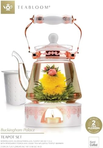 Teabloom Buckingham Palace Teapot & Flowering Tea Gift Set (6 Pieces) - Stovetop Safe Glass Teapot (40 OZ / 1.2 L / 4-5 CUPS), Porcelain Lid, Tea Warmer, Loose Tea Infuser, 2 Gourmet Rose Tea Flowers - Image 3