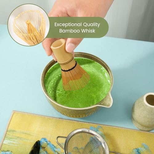 7/4Pcs Matcha Whisk Set Matcha Kit 500ml Ceramic Matcha Bowl Elegant Japanese Matcha Tea Set with Matcha Whisk Holder Bamboo Matcha Whisk Matcha Sifter Tea Scoop Tea Cloth Scoop Holder - Image 6