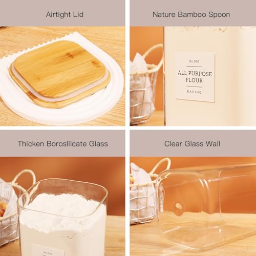 2 Pack large Square Glass Flour and Sugar Containers with 132 Kitchen Pantry Labels - 110 floz & 51 floz - Glass Jars with Airtight Bamboo Lid - Glass Rice Canisters for Coffee, Pasta, Cookie, Cereal - Image 4