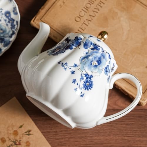 Floral Ceramic Teapot，small tea pot for tea party，tea pot with infusers for loose tea (Blue Flowers) - Image 5