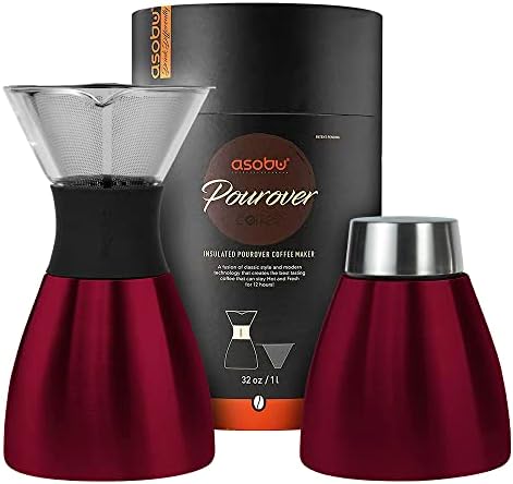 asobu Insulated Pour Over Coffee Maker (32 oz.) Double-Wall Vacuum, Stainless-Steel Filter and Take on the Go Carafe (Burgundy) by Asobu