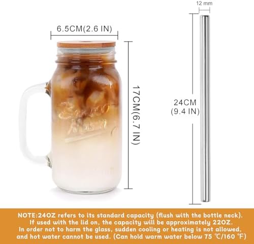 Mason Jar with Lid and Straw, 24oz Regular Mouth Mason Jars with Handle Drinking Glasses Tumbler Reusable Cups Smoothie Water Bottles for Iced Coffee Margaritas Juice Cocktail Travel Office Home - Image 2
