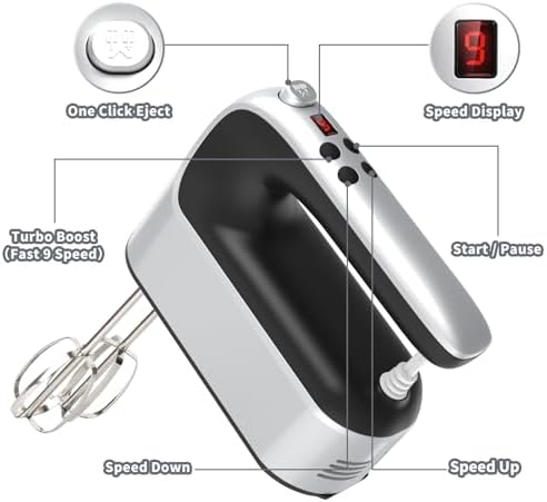 Yomelo 9-Speed Digital Hand Mixer Electric, 400W Powerful DC Motor, Hand Mixer Electric Handheld with Snap-On Storage Case, 5 Stainless Steel Accessories, Beaters, Dough Hooks, Whisk(Silvery Black) - Image 2
