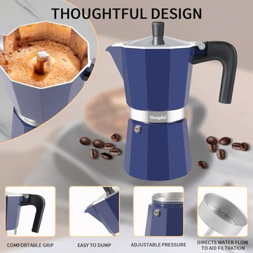 Mongdio Stovetop Espresso Maker Moka Pot, Stove Top Cuban Coffee Maker, Italian Greca Mocha Pot, 12 Espresso Cups, 20 oz - Blue - Image 5