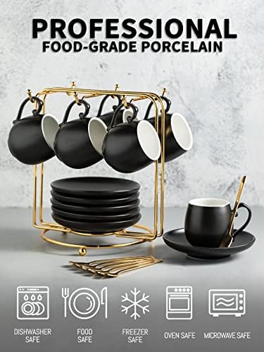 LYEOBOH Espresso Cups and Saucers Set, Ceramic Coffee Cup 3 Ounces Small Demitasse Cups Espresso Mugs with Spoons & Metal Stand for Cappuccino, Latte, Tea, Set of 6, Black - Image 5