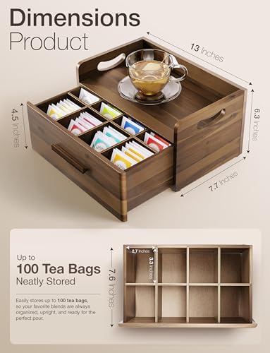 TINAMO Acacia Wooden Tea Box Organizer with Drawer for Countertop Display - Image 2