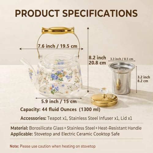 Glass Teapot Stovetop, Borosilicate Clear Tea Kettle Flowers 44 oz - Image 3