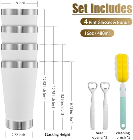 16 oz Beer Tumber Insulated Set of 4, Pint Glass Stainless Steel Double Walled, Stackable Cold Drinking Cup Mug Stein, White, Ideal for Beer Lover, Coffee, Outdoor - Image 2