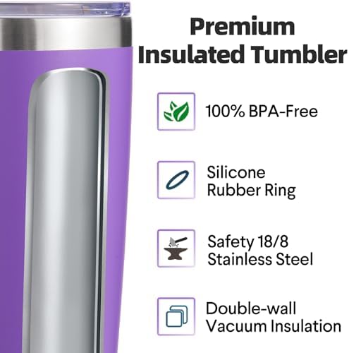 Volhoply 20oz Stainless Steel Tumbler with Lid and Straw Bulk 8 Pack,Double Wall Insulated Travel Iced Coffee Mug Fits Cup Holder,Powder Coated Cups for Hot/Cold Drinks,Gifts for Women（Purple,8 Set） - Image 3