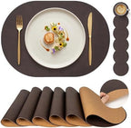 Premium Oval Faux Leather Placemat & Coaster Set with Innovative Cork-Look Printed Base，4/6/8-Piece Sets & 8 Colors，Non-Slip Dining Table Mats for Kitchen Dining by Promattoo